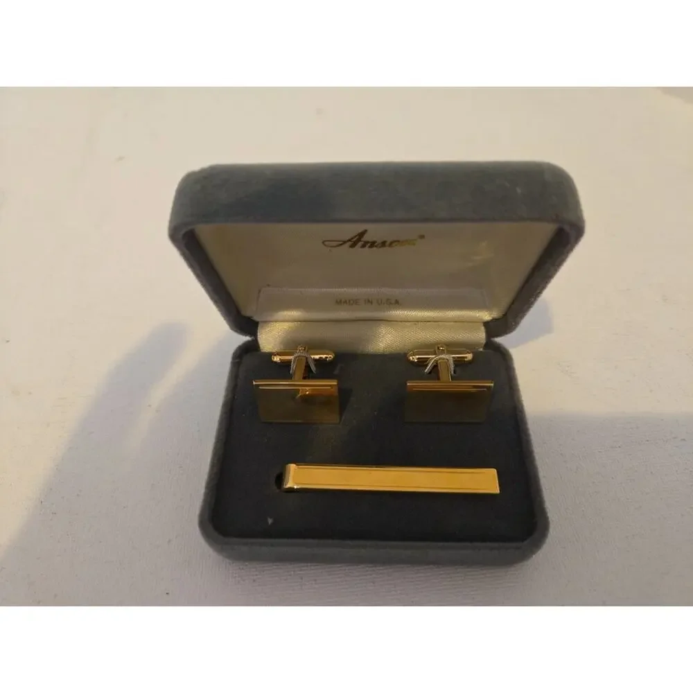 Vintage Anson Gold Tone Cufflinks and Tie Clip Set in Original Box